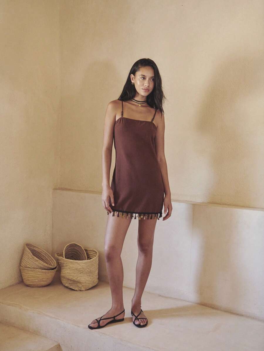 Nöista Earthy Brown Straight-Cut Summer Slip Dress With Thin Straps And Tassel Hem. Lightweight Breathable Fabric Fits Summer Dresses For Women, Summer Outfits For Women, Cute Summer Tops, Women's Summer Clothes, Plus Size Summer Clothes, And Perfect For Vacation Or European Summer Style. Ideal For Casual 4th Of July Outfit Women.
