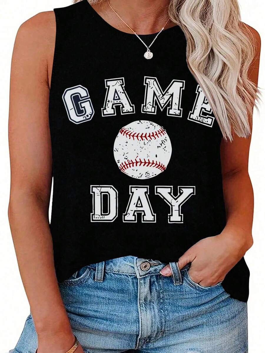SHEIN LUNE Plus Size Summer Baseball & Letter Printed Casual Tank Top