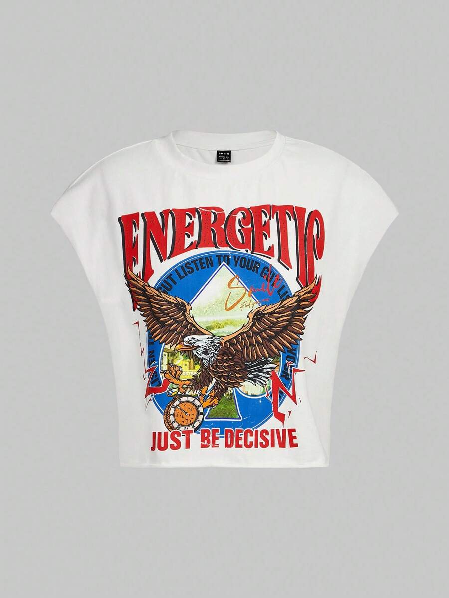 SHEIN EZwear Grote maten brei Korte mouwen T-shirts Met Adelaar & letters-print