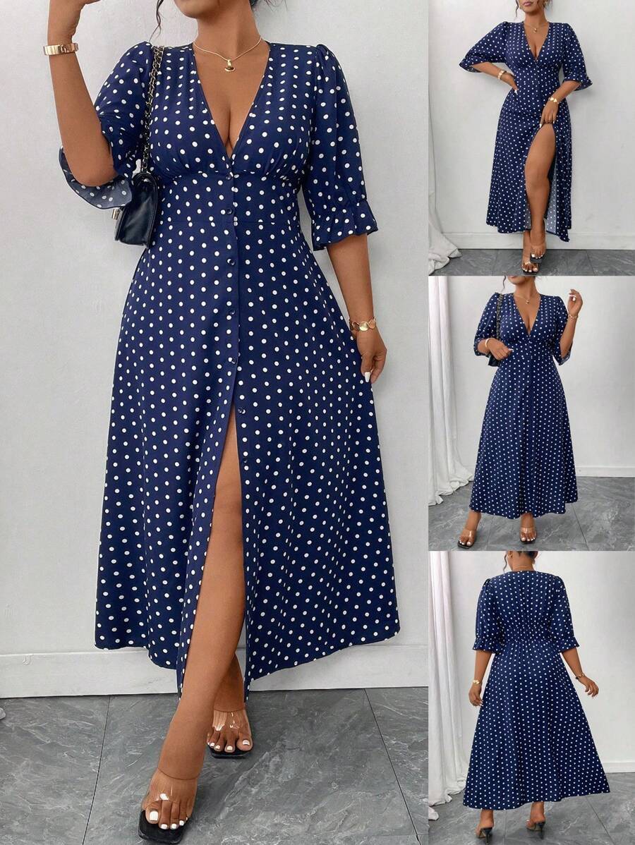 Elenzga Plus Size Women Polka Dot Print Deep V Neck 3/4 Sleeve Slit Hem Elegant Midi Dress