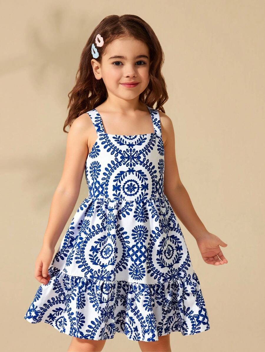 SHEIN Young Girl Adorable Floral Print Ruffle Hem Vacation Dress, Summer Blue And White Dress Girls Blue White Dresses Tween Girls Sundress Girls Summer Dress Sleeveless Aline Dress Girls