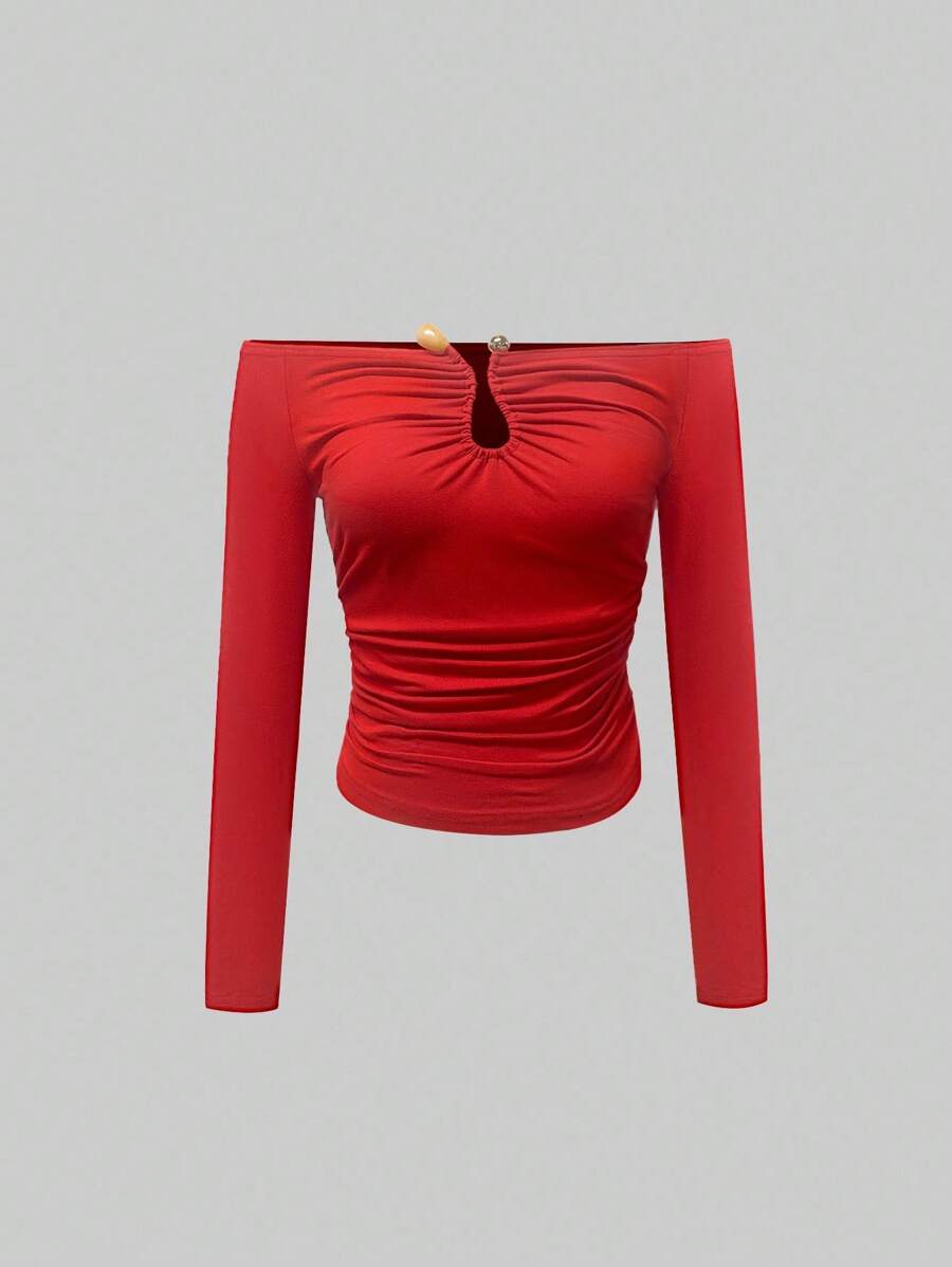 SHEIN Privé Women's Solid Color Off-Shoulder Long Sleeve Slim Fit T-Shirt, Red Top, Casual Everyday Wear