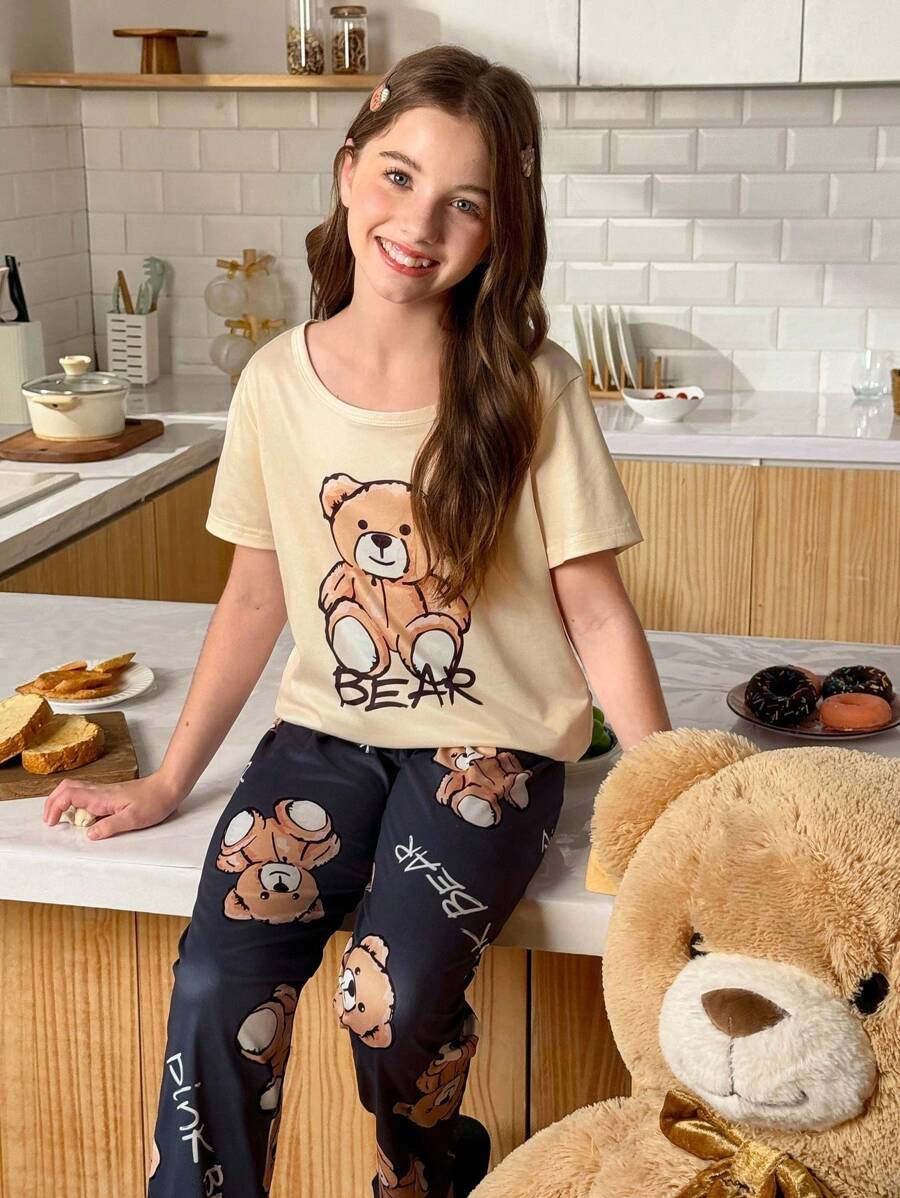 SHEIN 2pcs/Set Cute Bear Print Short Sleeve Top And Long Pants Pajamas Set For Girls