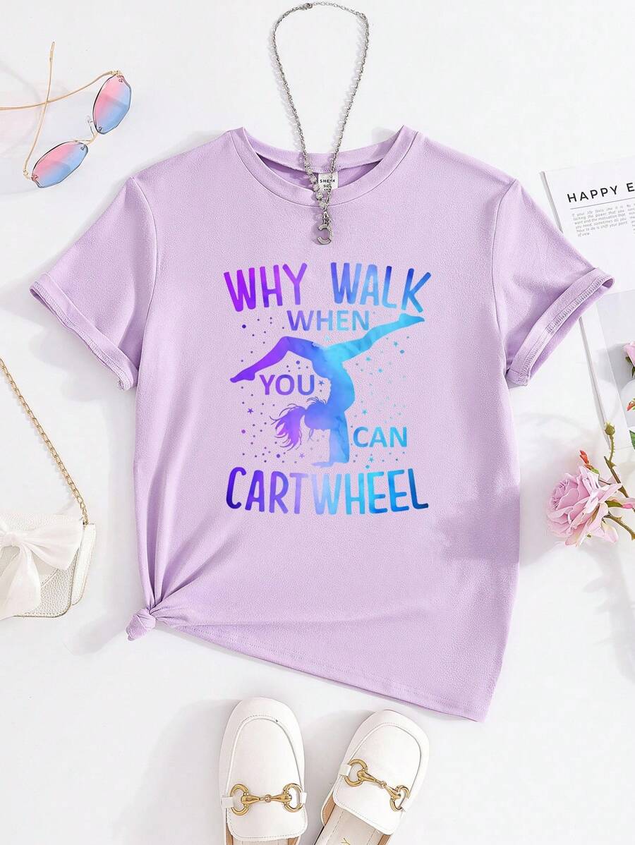 GraphicGems Tween Girls 'Why Walk When You Can Cartwheel' Colorful Print Crew Neck Short Sleeve Purple T-Shirt, Oversized Gymnastics Tshirt, School, Campus, College