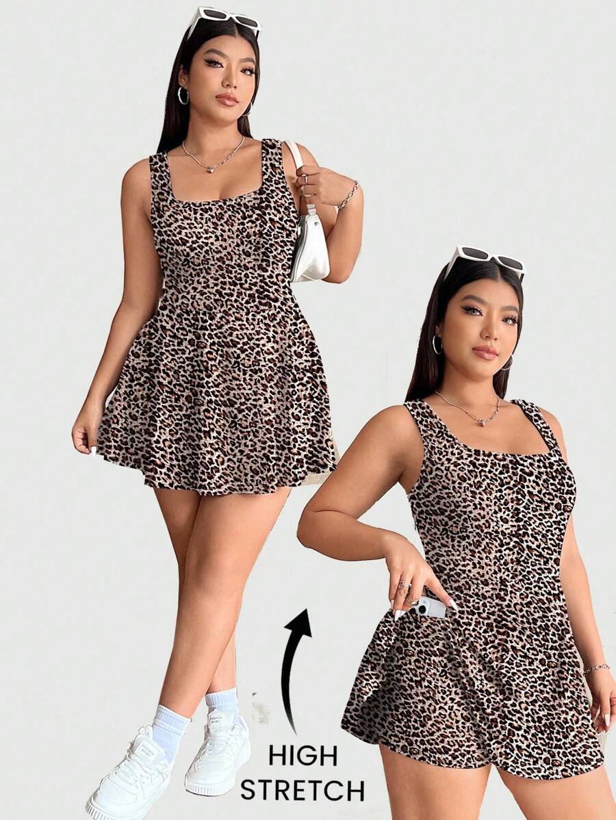 SHEIN EZwear Enterizo informal minimalista con bolsillo, estampado de leopardo, talla grande, apto para el verano