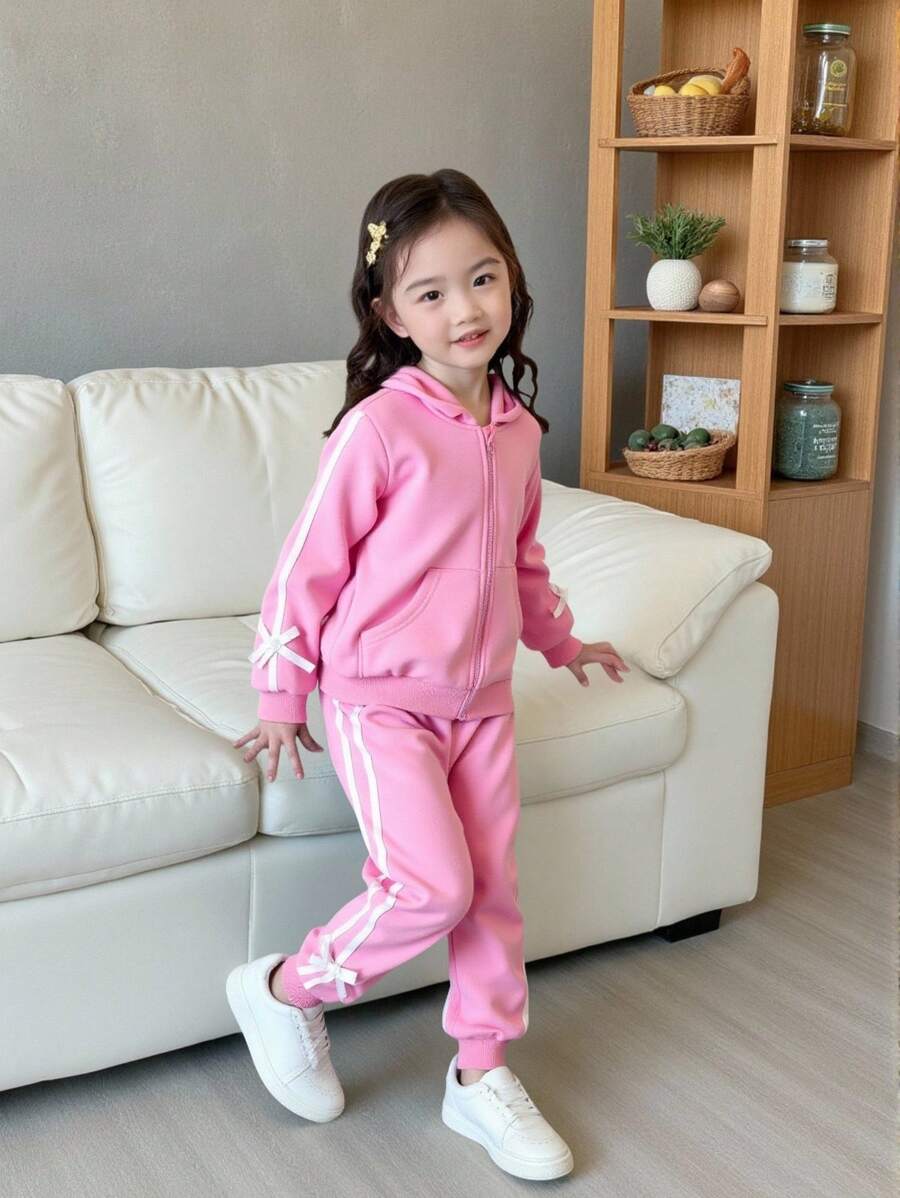 Conjunto deportivo casual de 2 piezas para niñas con sudadera con capucha rosa y decoración de lazo 3D, y pantalones, adecuado para actividades al aire libre, deportes de ocio y uso diario