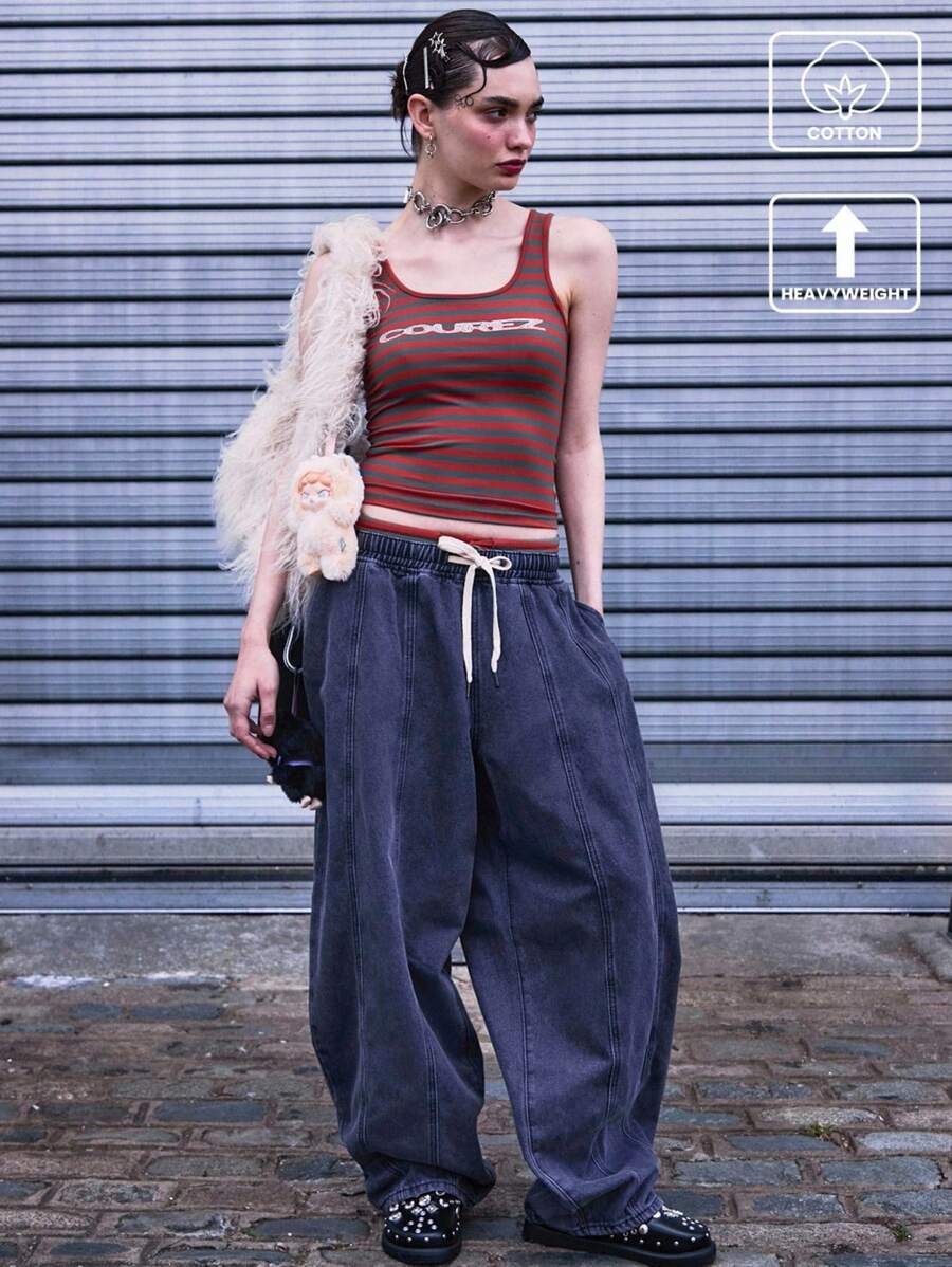 COUREZ Jeans a palloncino oversize con vita elasticizzata e lavaggio antracite, in cotone vintage stile Y2K