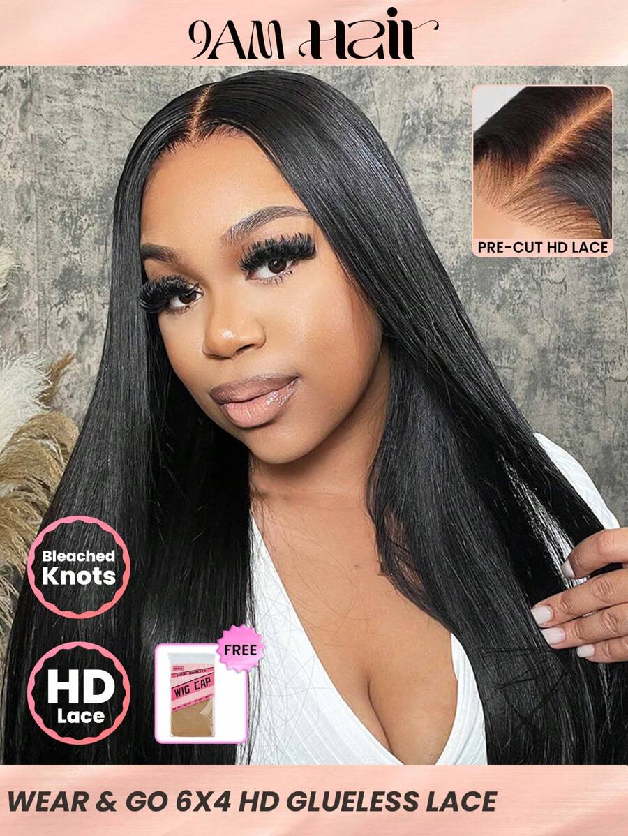 TrueHD Pre Bleached Glueless HD Lace Straight 6*4 180% 16-20 Inch Lace Closure Wigs Natural Black Wear & Go