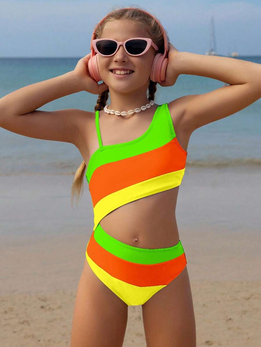 SHEIN Tween-Mädchen Einteiliger Badeanzug mit asymmetrischem Ausschnitt und Farbblockdesign mit ausgeschnittener Taille, lila Strandoutfit
