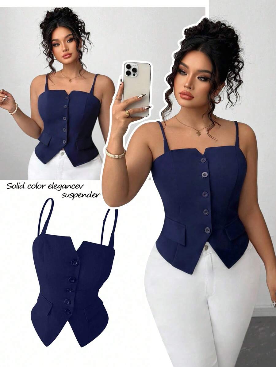 Calvaya Plus Size Women Casual Slim Fit Guzik Ozdobny Pasek