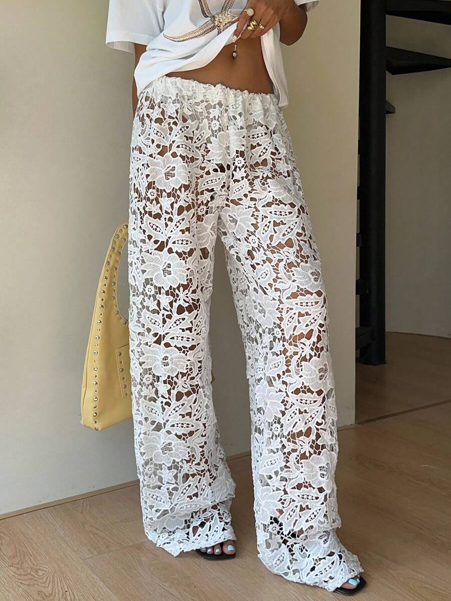 SHEIN EZwear Women's Elastic Waist Floral Lace Pants, Loose Casual Trouser