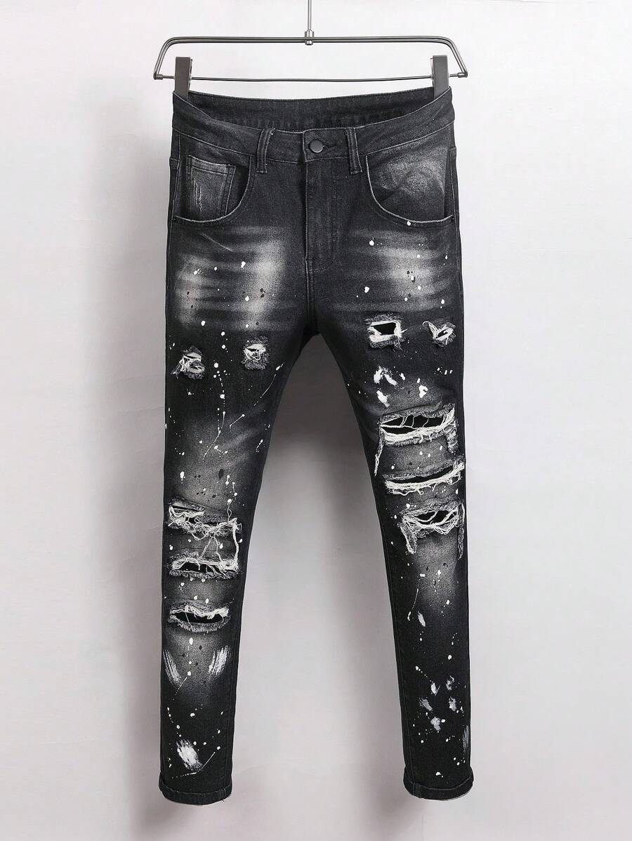 Manfinity LEGND Vaqueros de mezclilla negros informales y desgastados de moda para hombre en verano