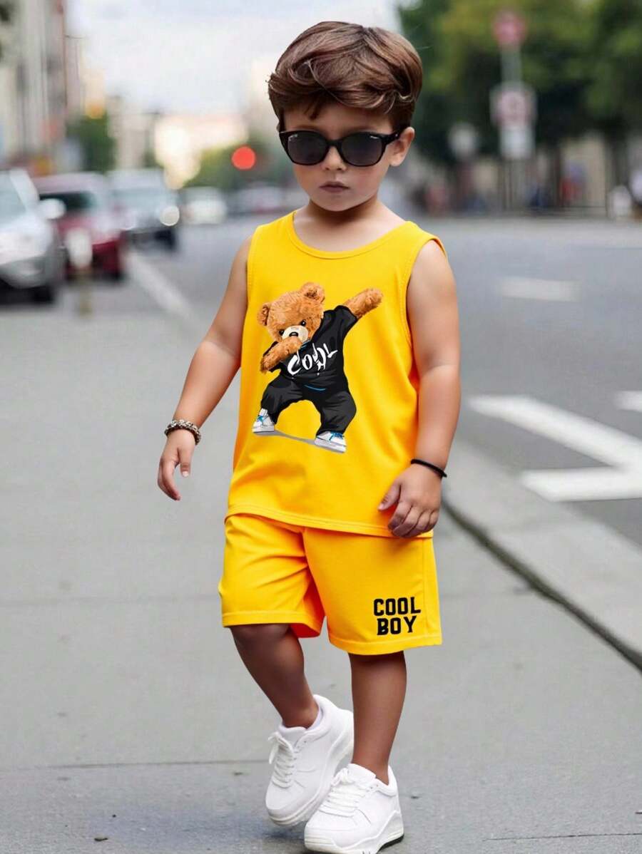 SHEIN Young Boy Casual Simple Cartoon Bear Printed Tank Top & Letter Print Shorts Set, Suitable For Summer