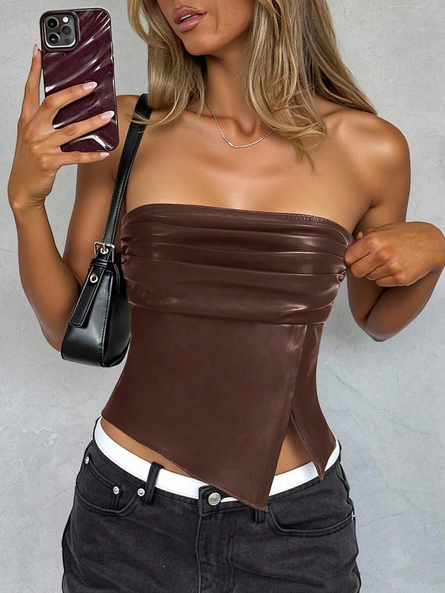 Siren Gaze Top de mujer de moda con volantes, bajo asimétrico y acampanado, adecuado para salir y fiestas, top de Navidad con volante, de PU, con abertura lateral y bajo tipo bandeau