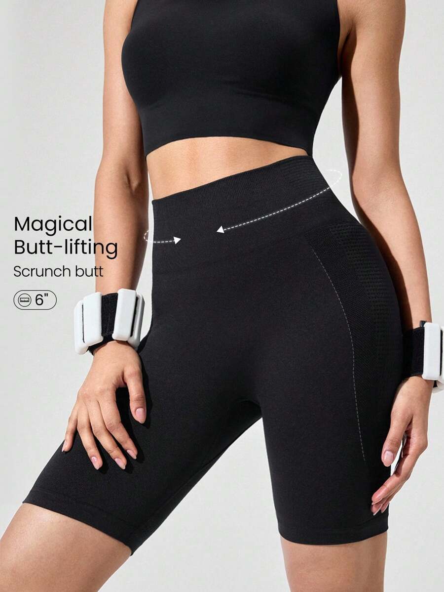 GLOWMODE 6" Seamless Stretchy Sweat-Wicking Tummy Control No-Front Seam Butt Scrunch High-Rise Waist Biker Shorts Medium Impact Running Training Gym Studio Daily Active Wear