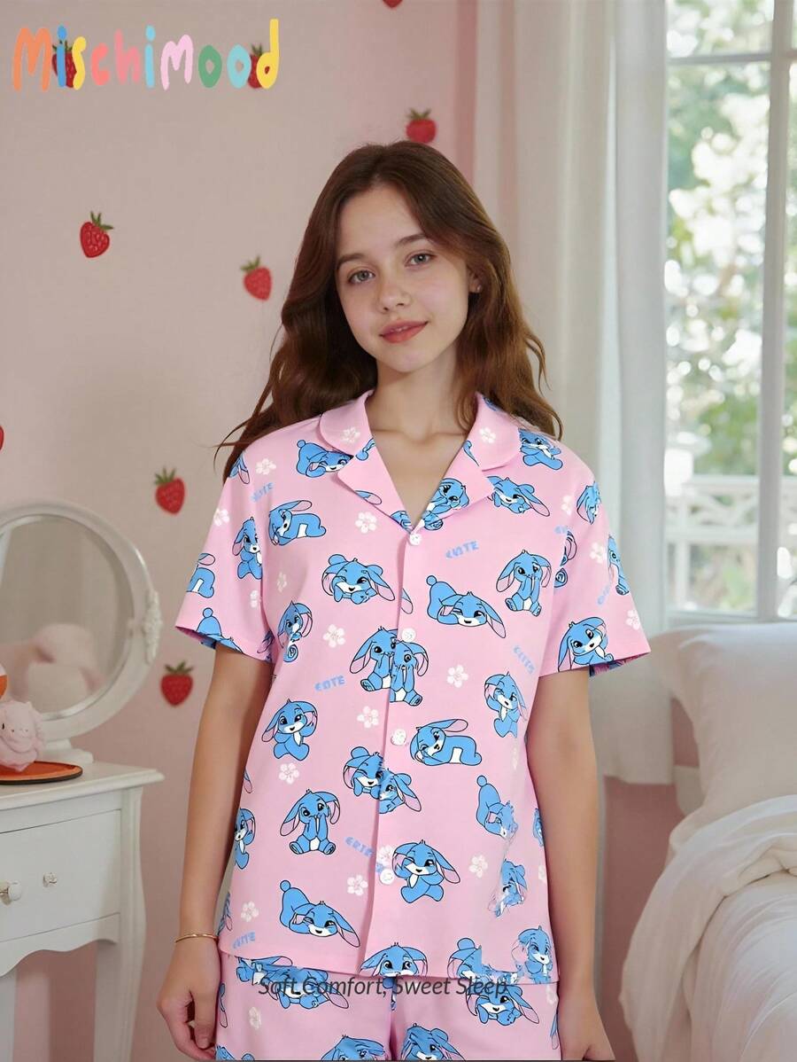 Tween Girl' Stylish Print V-Neck Fireproof Fabric Sweet Pink & Blue Graphic Short Sleeve Top & Pants Home Outfit Cute Pj Sets Young Girl Summer Outfits