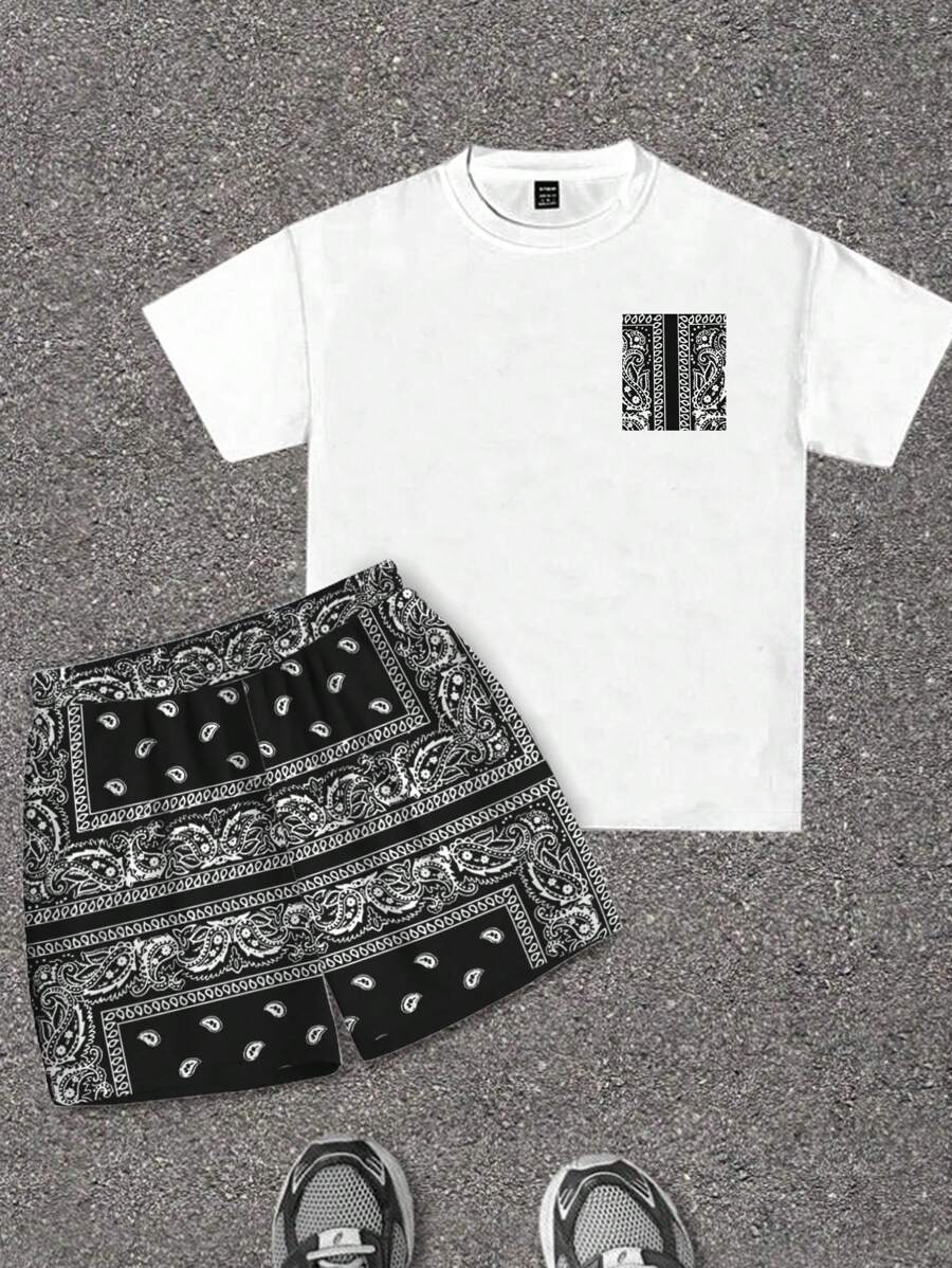 SHEIN Tween Boy Paisley Print Patched Pocket Tee & Shorts