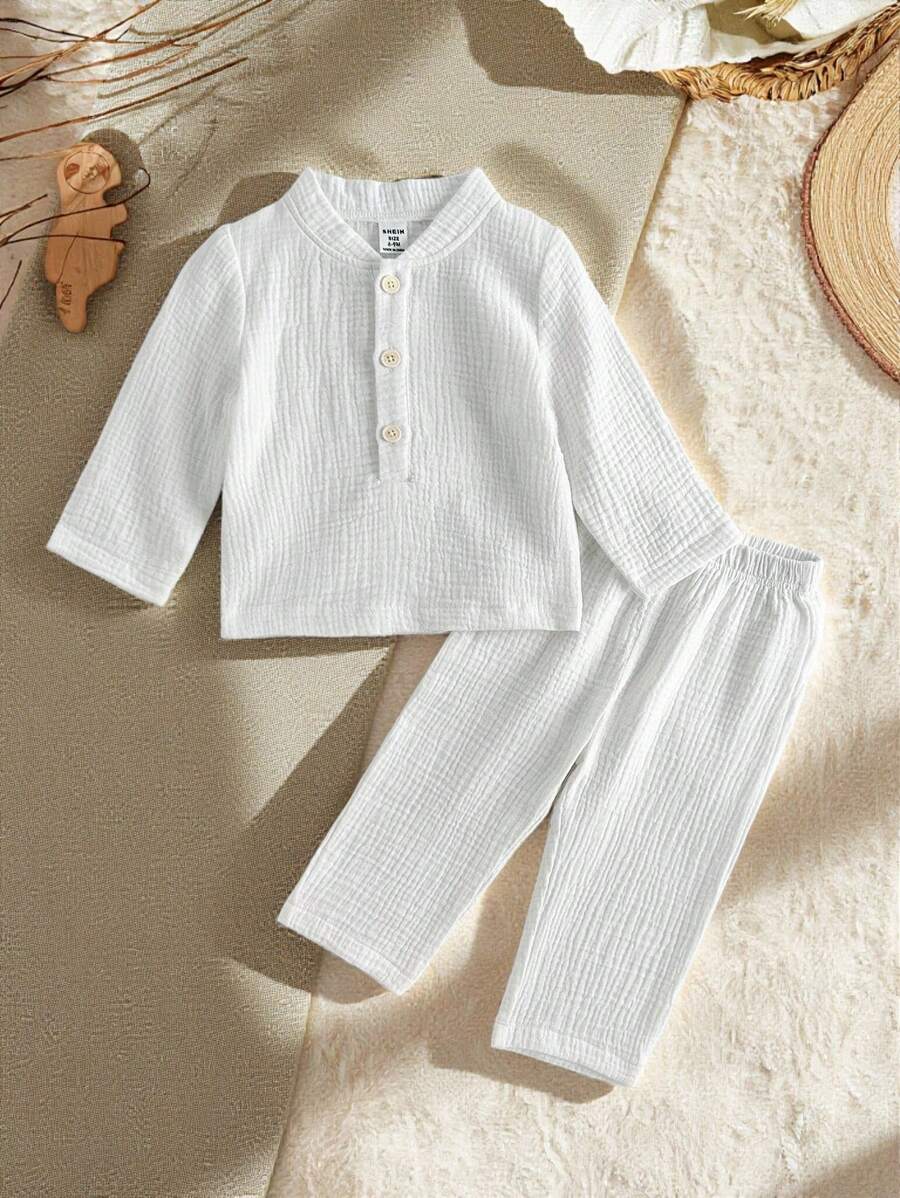 Vintaside Kids Tenue minimaliste pure blanche pour bébés garçons, printemps/automne, sans imprimé, Top à demi-patte manches longues assorti à un pantalon long. Convient pour se promener à l'extérieur pour ressentir les changements de saison, comme tenue décontractée pour l'intérieur, dégageant également une petite touche de gentleman propre et soigné pour les fêtes, permettant à l'enfant de se sentir à l'aise en toute occasion.
