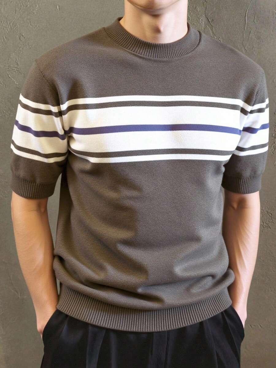 Manfinity Hypemode Suéter de punto de manga corta con cuello redondo y a rayas, casual y holgado para hombres