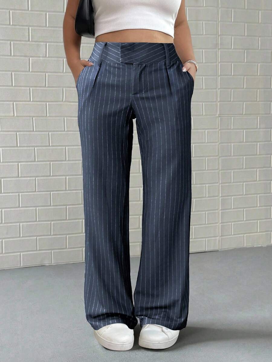 Calvaya Plus Size Women Casual Versatile Striped High Waist Loose Drape Wide Leg Pants