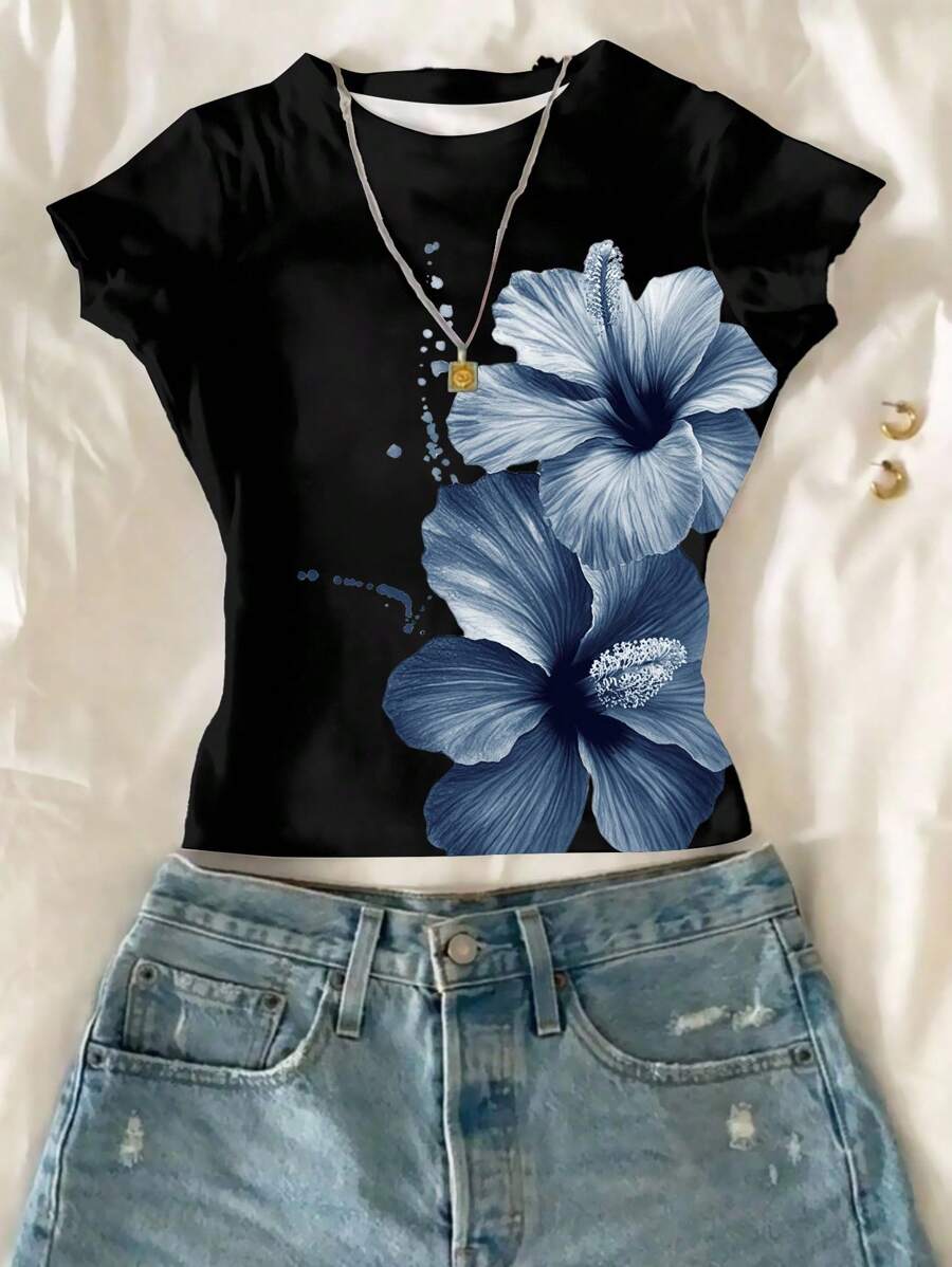 SHEIN Camiseta de cuello redondo de manga corta ajustada con estampado floral para adolescentes, apropiada para el verano