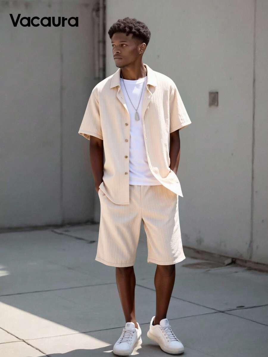 Teen Boy Fashionable Solid Color Vertical Pits Stripe Casual 2-Piece Set
