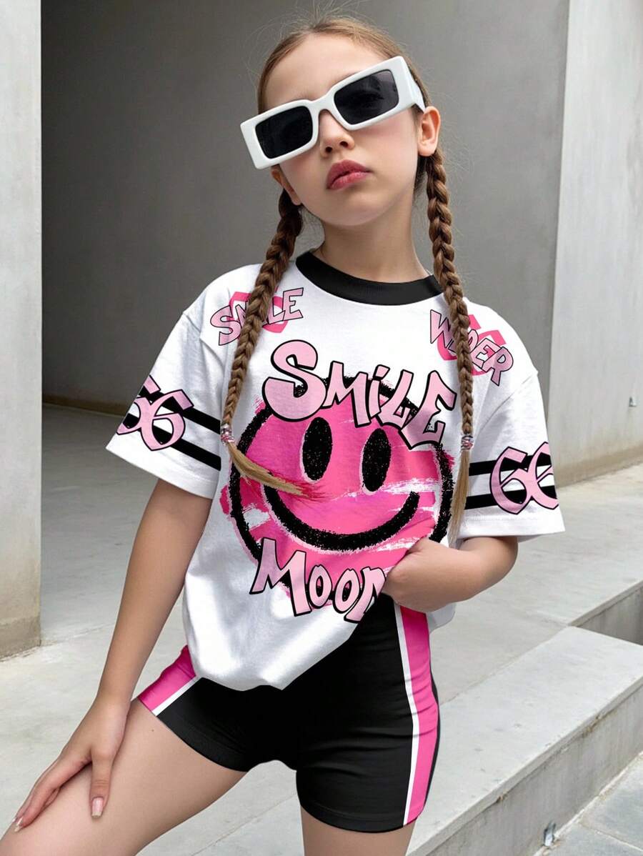Estampa de Moda de Rua do Rosto, Y2K, Chill Chill, Rosa, Conjunto Casual Minimalista de Shorts e Top de Manga Curta Estilo Jovem Feminino, 2 Peças, Verão