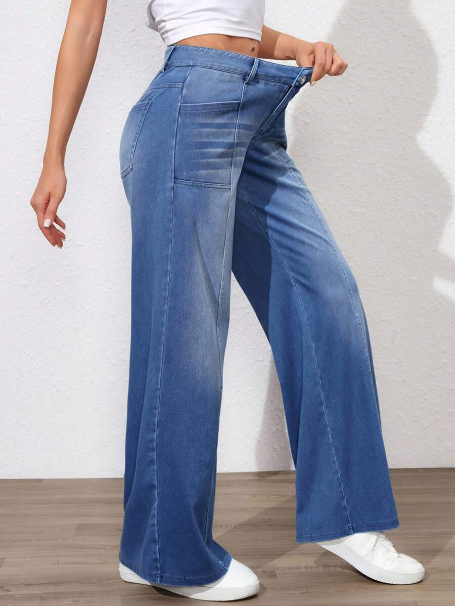Flexra Women's Casual Loose Patchwork Pocket Wide Leg Denim Pants