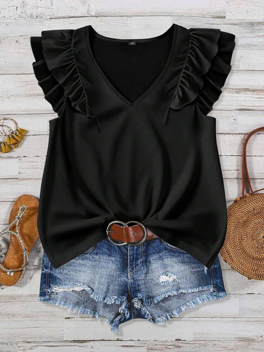 EMERY ROSE Plus Size Dames Effen Effen Bedrukte Cap Mouw V-hals Shirts Dames Zomerkleding Spring Break Rave Kleding Festival Spring Break Kleding Dames Concertkleding Rave Kleding Festival Rave Kleding Country Concert Kleding Nashville Kleding Ibiza Kleding Western Kleding Dames Boho Resort Kleding