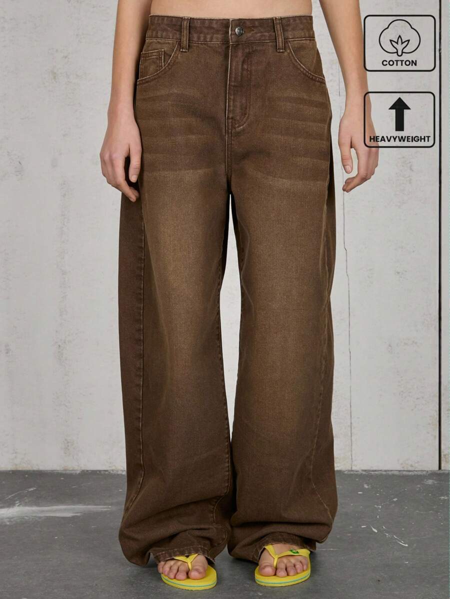 COUREZ Jeans à jambe ballon de coupe régulière à taille basse en coton vintage Y2K, lavage brun