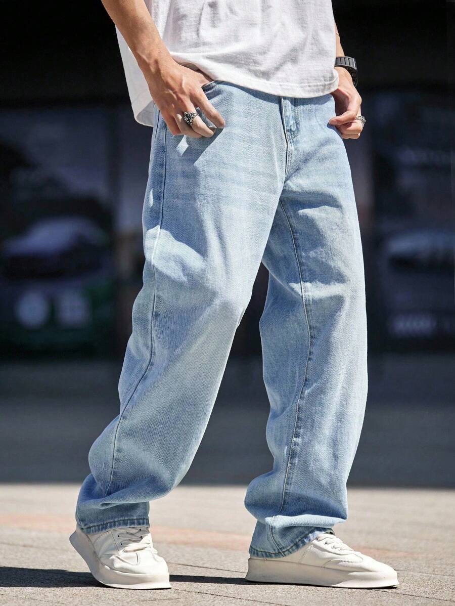 Manfinity Homme Plus Size Men's Water Washed Denim Jeans With Slanted Pockets Long Skater Jean Cargo Plain Light Blue Going Out Street Wear