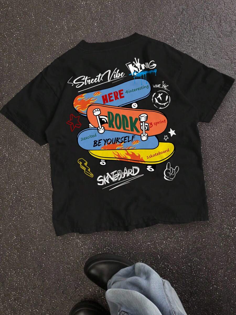 SHEIN Teen Boy Casual Minimalist Skateboard Graphic Round Neck Short Sleeve T-Shirt, Suitable For Summer