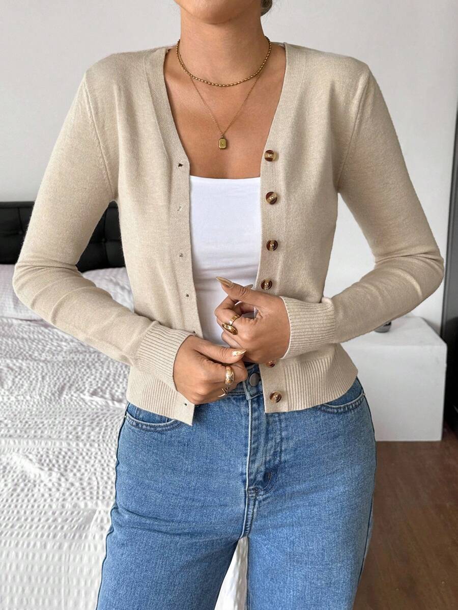 SHEIN Frenchy Cárdigan casual de manga larga de un solo abotonamiento de unicolor para uso diario, blusas de manga larga para mujer