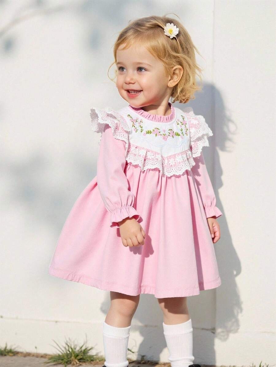 Souflis Souflis Robe de princesse élégante de style palais pour bébé fille, col et manchettes en dentelle multi-couches, col de princesse avec petit revers à broderie florale de palais, pour l'automne/hiver