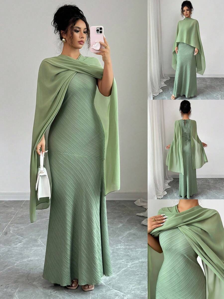 Elenzga Robe longue élégante et minimaliste pour femmes en mousseline de soie, avec un col rond, sans manches, dos croisé et taille nouée. Convient pour les déplacements quotidiens, les festivals, les sorties. Look romantique et délicat