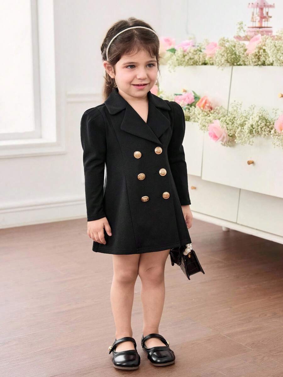 SHEIN Baby Girls' Solid Color Lapel NeckPuff Sleeve Double-Breasted Fashion Jacket