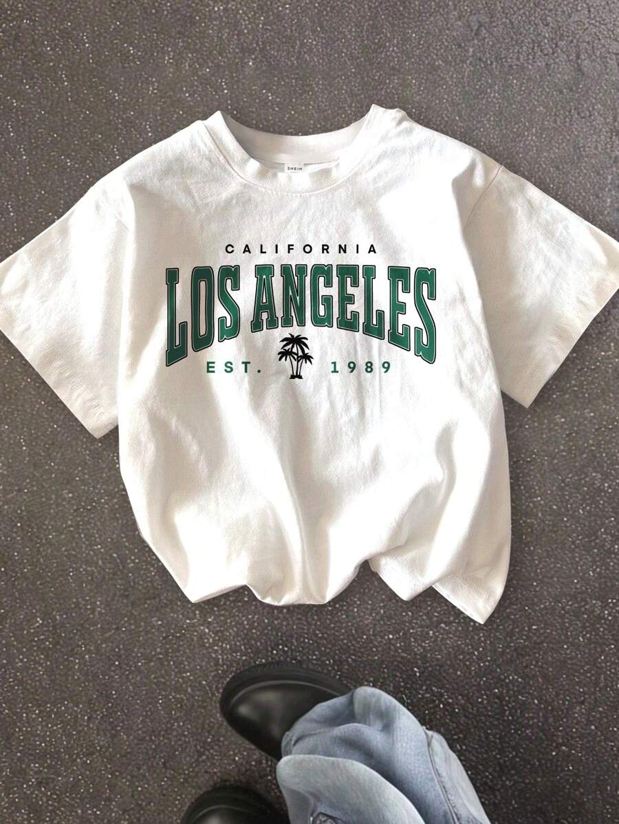 SHEIN Camiseta de manga corta con cuello redondo y estampado de letra minimalista casual para niños preadolescentes, adecuada para el verano
