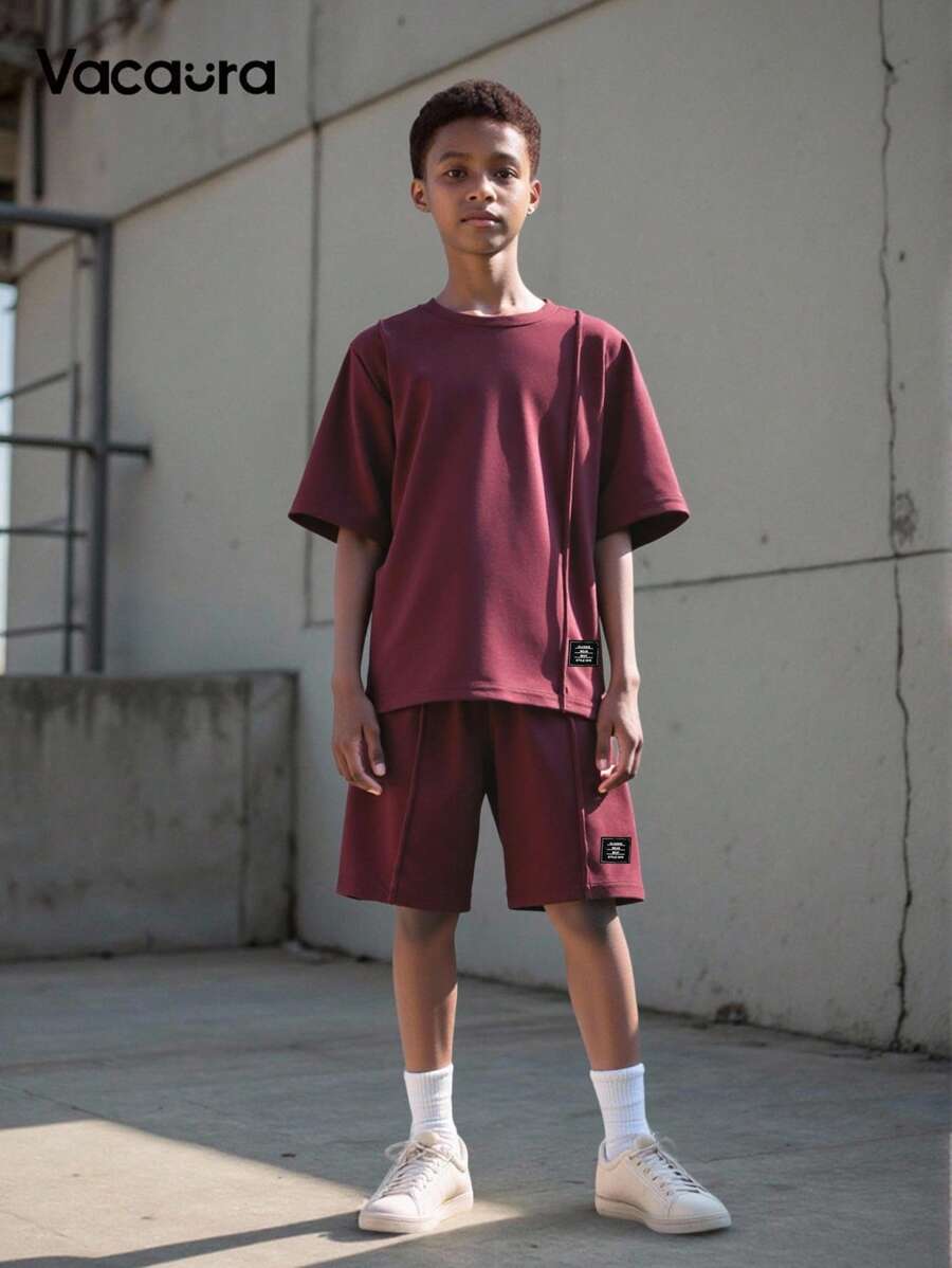 SHEIN 2pcs/Set Tween Boy Solid Color Round Neck Short Sleeve T-Shirt And Shorts, Minimalist And Fashionable For Summer