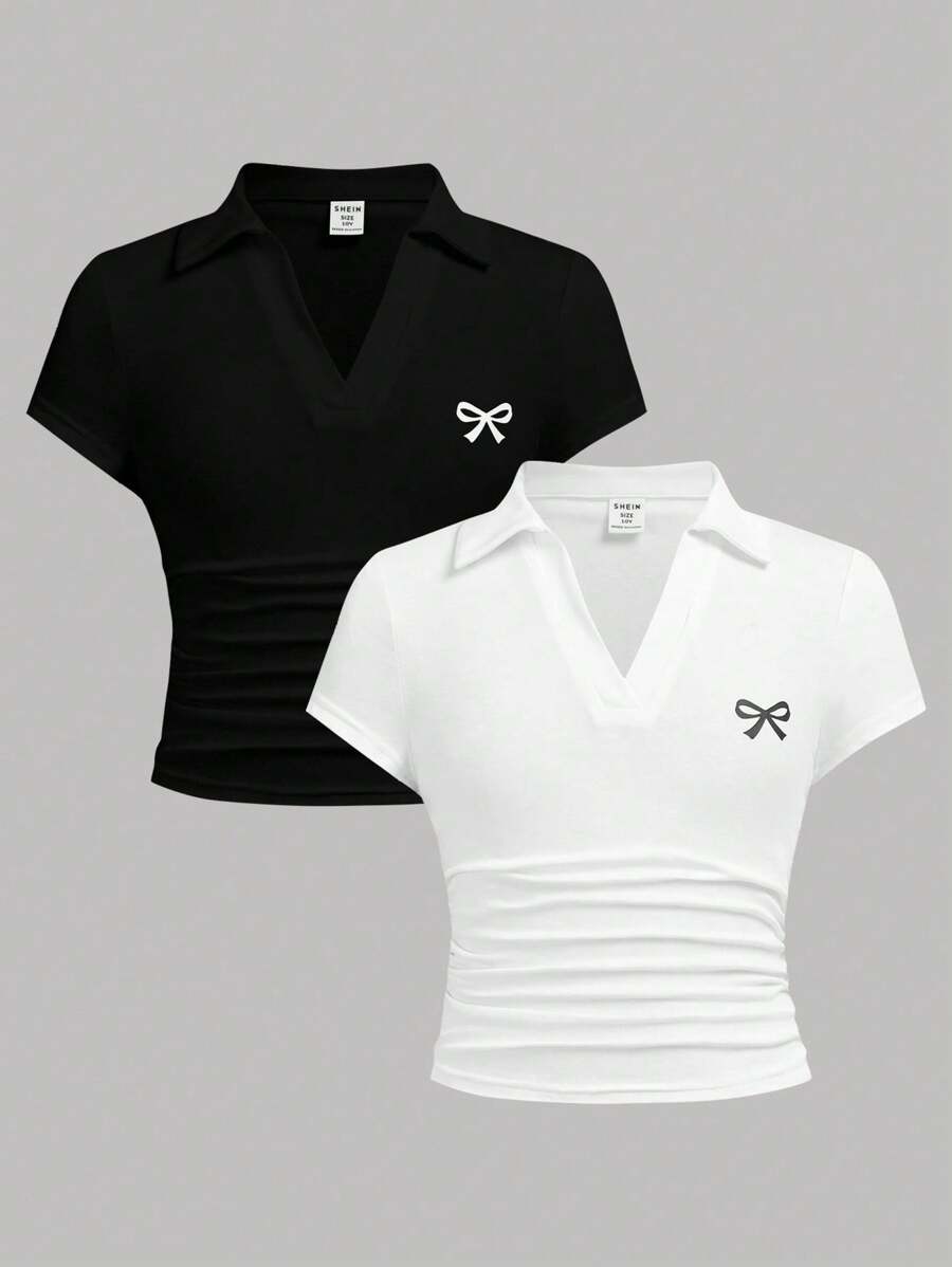 Girlism 2pcs/Set Tween Girl White&Black Versatile,Square V-Neck Short Sleeve T-Shirt, Designer Style, Summer Casual Polo Shirt, Waist-Length, Fitted Cut,Clean Girl Girls Shirt Pack Pack Of Tops Black And White Tops For Teen Girls Bow Shirts Shirts For Tween Girls Black And White
