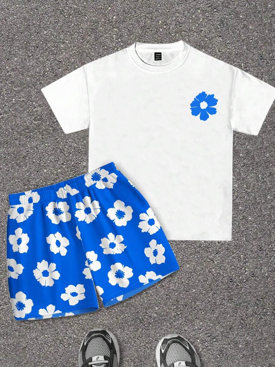 SHEIN Ensemble haut à manches courtes et short imprimé floral bleu et blanc pour adolescents garçons, style décontracté de vacances, confortable et polyvalent, convient pour l'école, les voyages, les sports, la plage