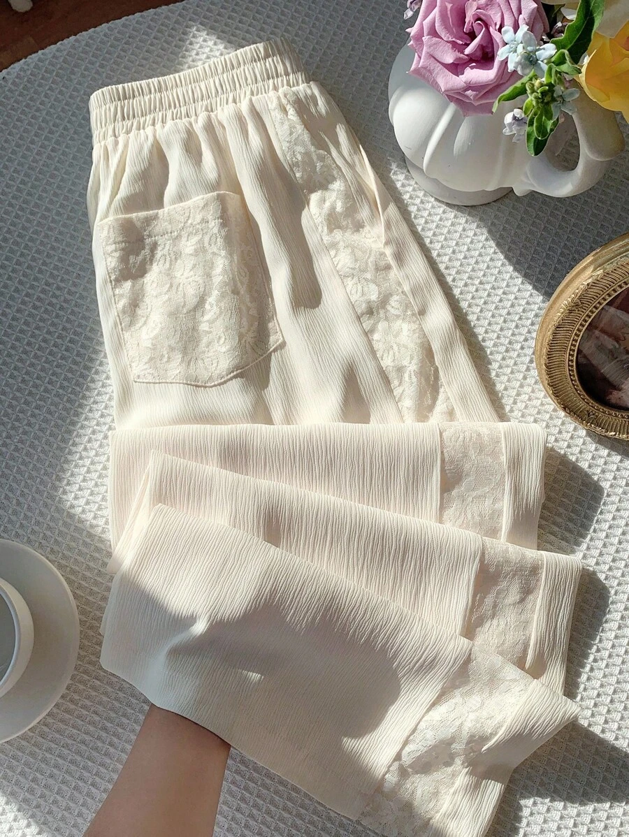 Comfortcana Pantalones anchos de mujer con aplicaciones de encaje tejido en color albaricoque