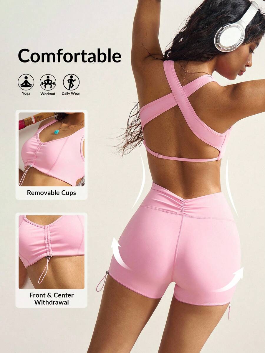 VARSITIE Women Solid Color Drawstring Cropped Tank Top And Yoga Shorts 2-Piece Activewear Set