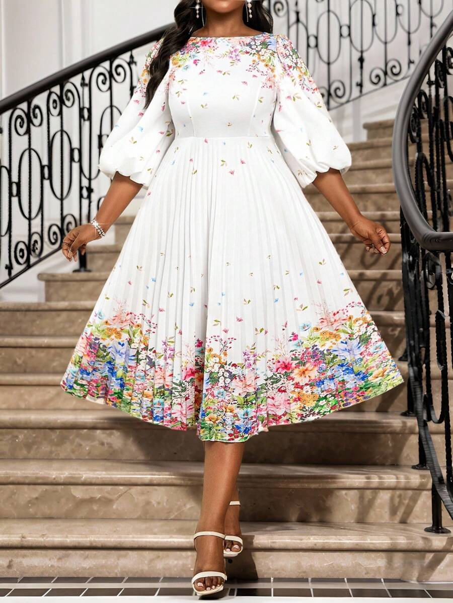 SHEIN Lady Vestidos de talla grande con cuello de pico, manga abullonada y plisada, de longitud midi y tres cuartos, de punto colorido y elegante para la oficina y uso diario, apropiados para primavera y verano