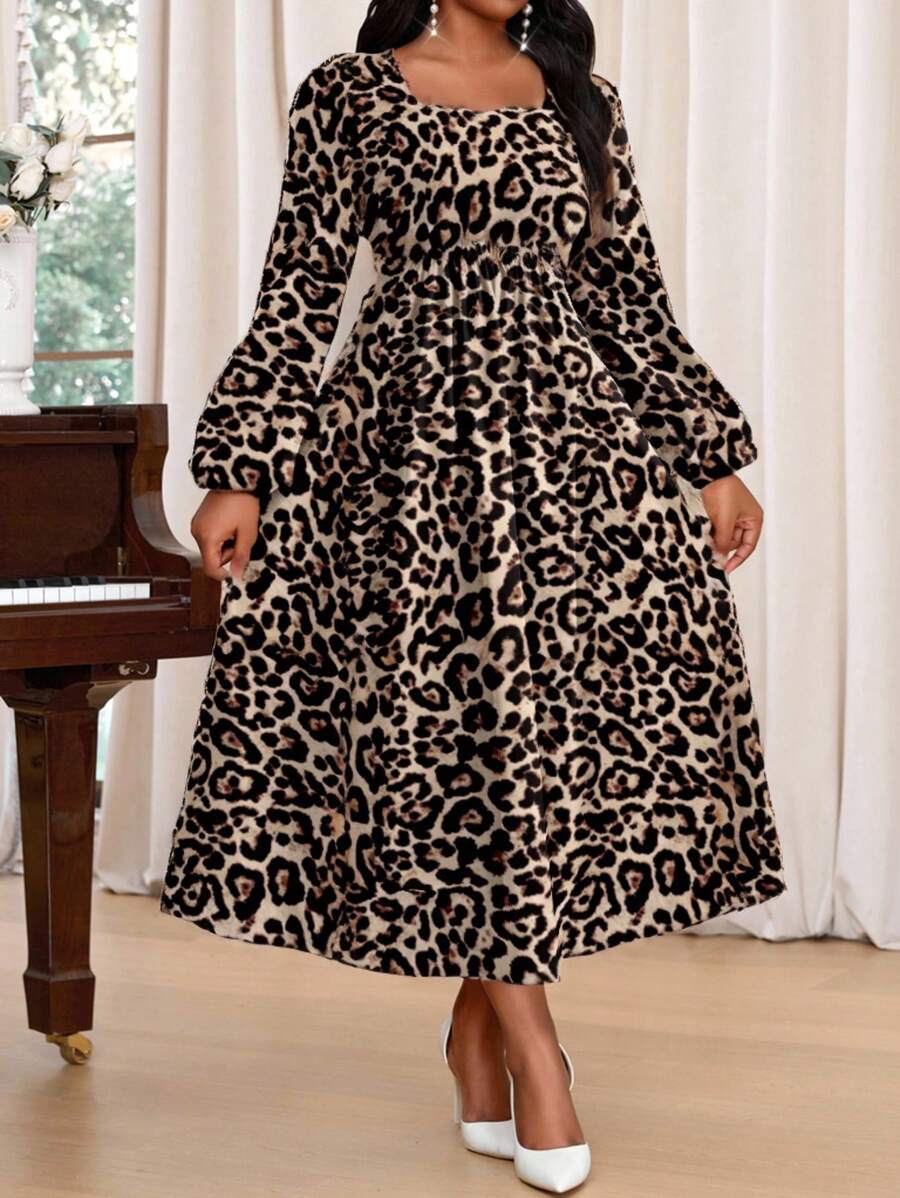 SHEIN Lady Vestidos de talla grande de primavera y verano, elegantes, de oficina y de uso casual, de estilo bohemio con estampado de leopardo de colores, con cuello cuadrado y cuello con volantes, de manga larga.