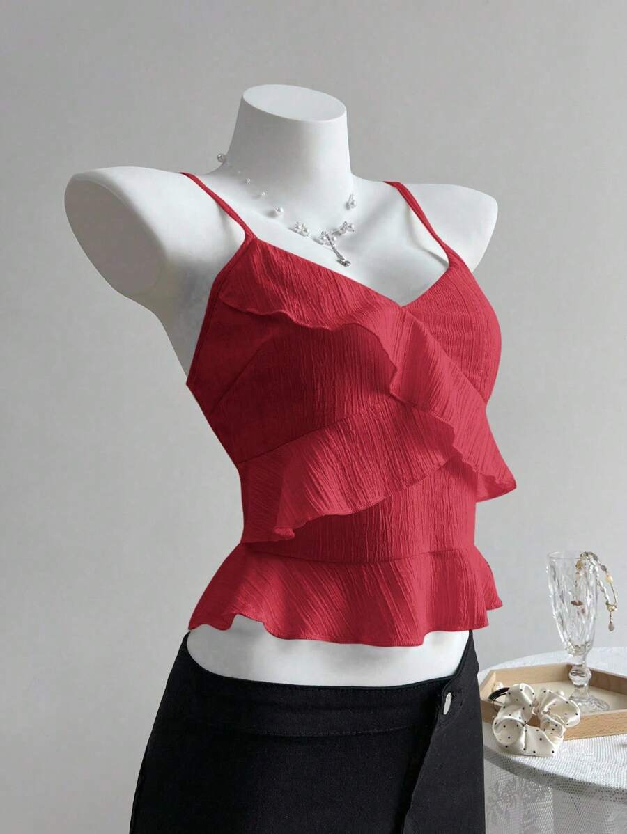 Elamini Camiseta sin mangas casual de mujer con volantes de unicolor para el verano