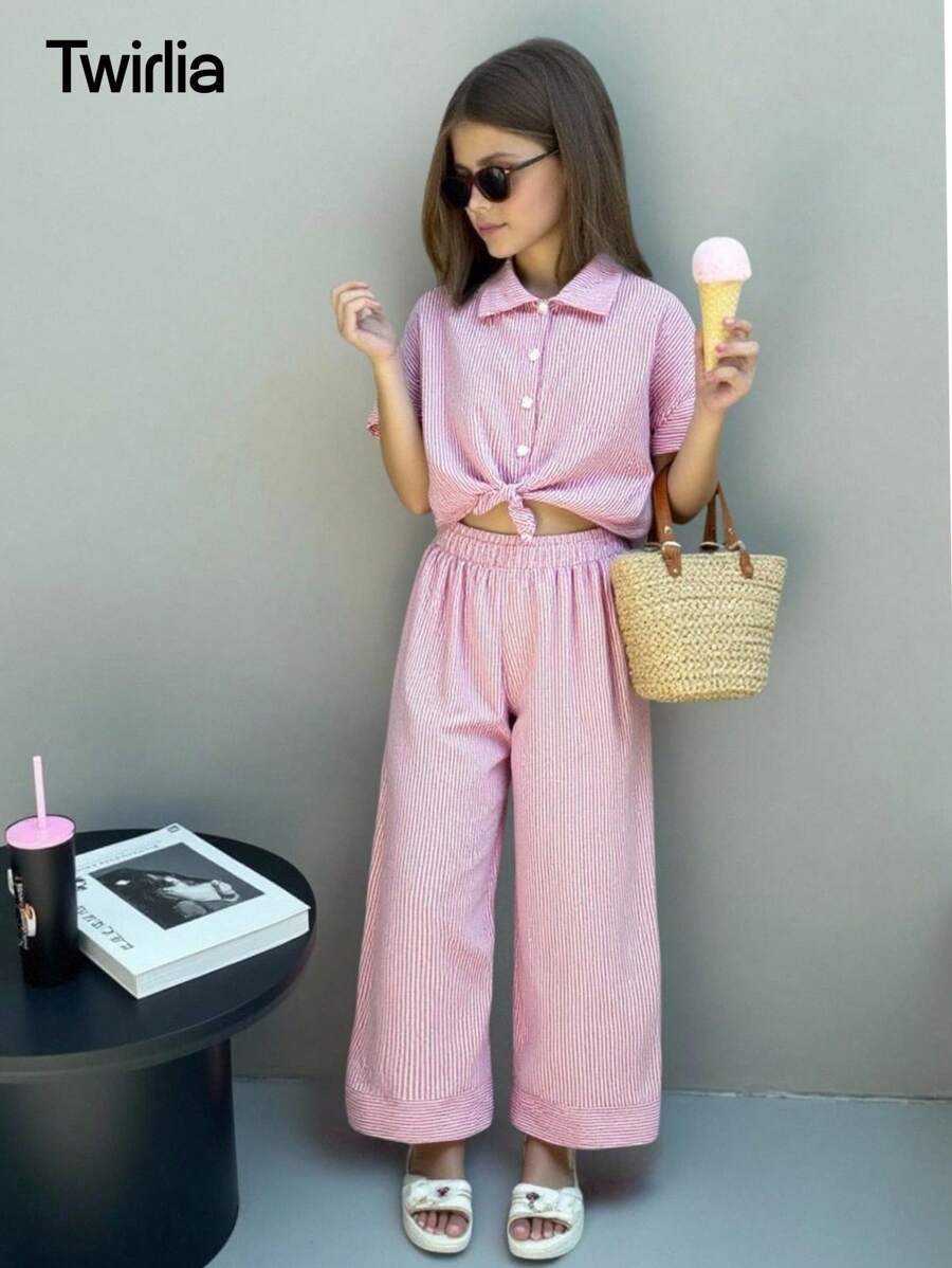 SHEIN 2 pièces/set Ensemble de chemise à manches courtes en coton tissé rayé et pantalon large pour jeunes filles. Décontracté pour printemps/été, villégiature, vacances, été, voyage