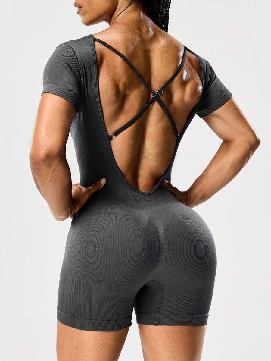 Seamluxe SHEIN Sport Plain Backless Fitted Jumpsuit Shorts, Fitness Romper, Open Back Gym Top