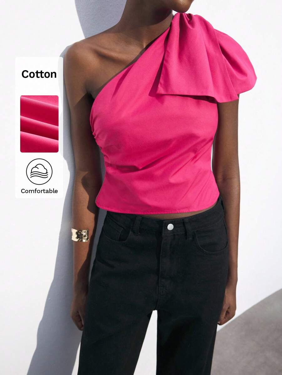 Maija Women's Oversized Bow Decor Asymmetric Ruched Top, Versatile Elegant Design For Party & Valentine's Day, Sleeveless Fitted Asymmetrical Shoulder Tank Top, Magenta Boho Bohemian