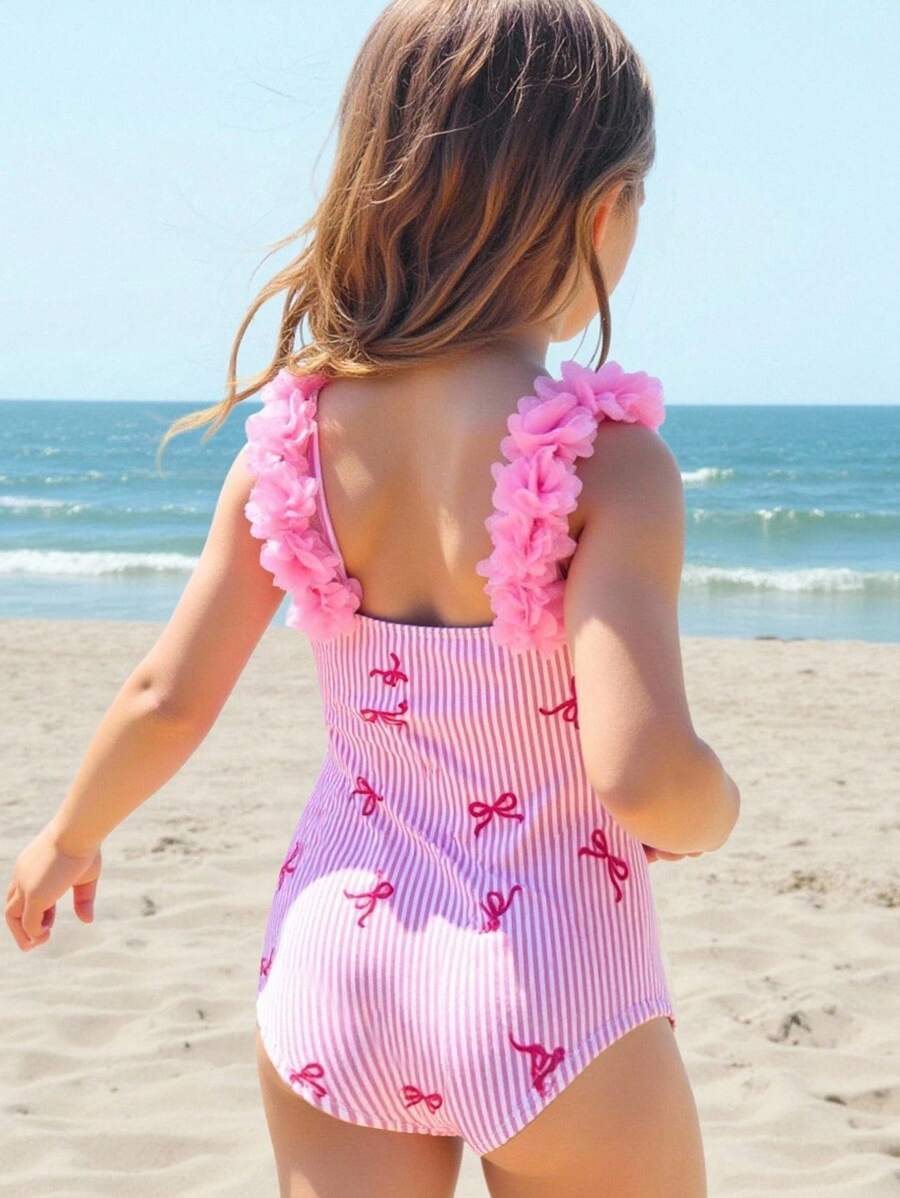 SHEIN Young Girl Knitted Striped Bowknot Design 3D Floral One-Piece Swimsuit Girls Pink Bow Swimsuit Girls Striped Swimsuit One Piece Swimsuit Girls Pink One Piece Swimsuit Girls Swimwear