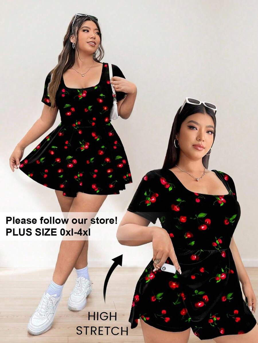 Solflare Plus Size Women's Basic Black Cherry Printed Crew Neck Short Sleeve A-Line Ruffle Hem High Stretchy Comfortable Fabric Solid Color Jumpsuit With Pockets, Suitable For School, Outdoor, Sports, Yoga, Gym, Casual, Daily Wear